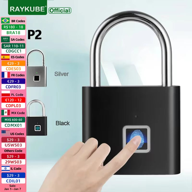 P2 Smart Fingerprint Padlock Waterproof Zinc Alloy Biometric Padlocks with Buit-In Rechargeable Battery USB Charge