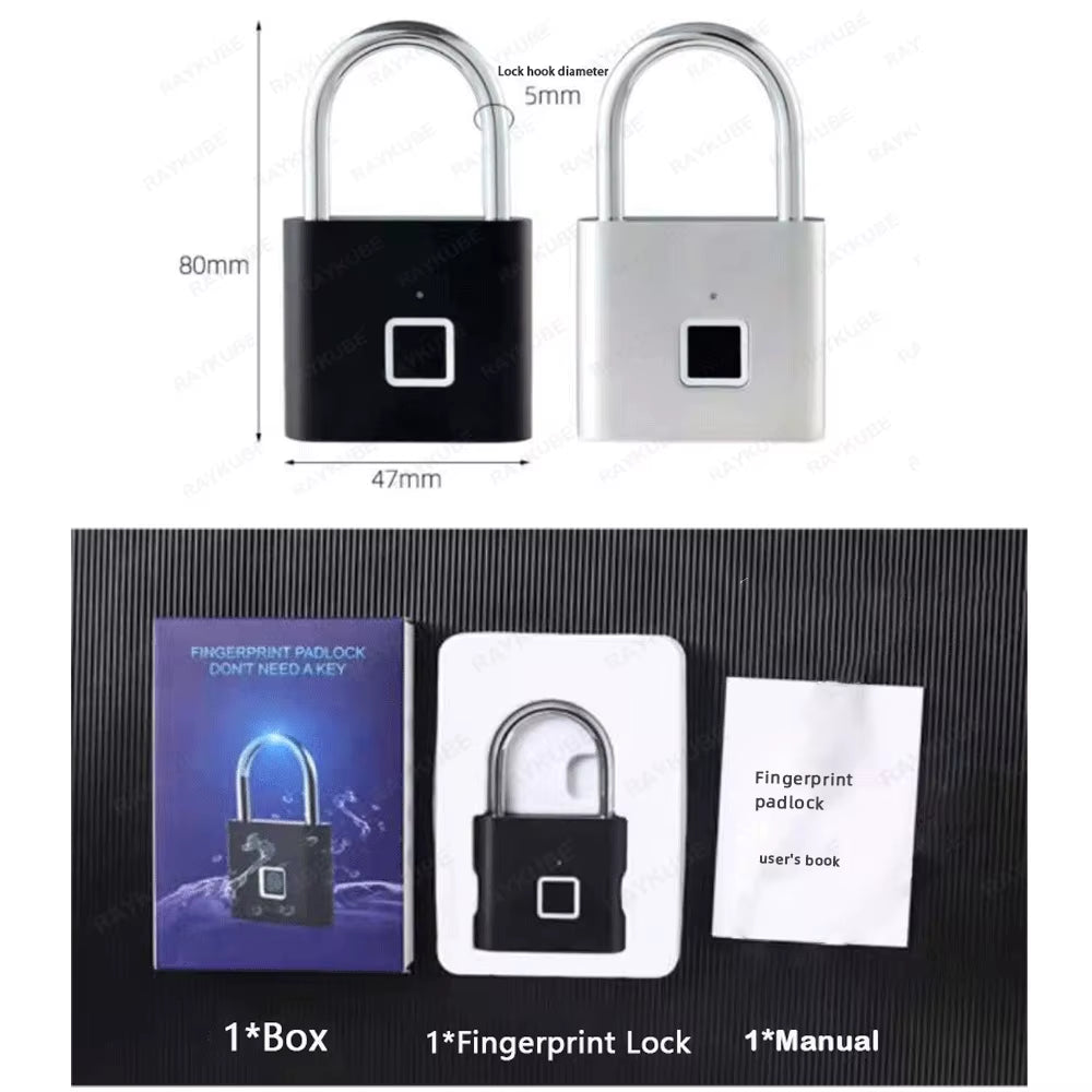 P2 Smart Fingerprint Padlock Waterproof Zinc Alloy Biometric Padlocks with Buit-In Rechargeable Battery USB Charge