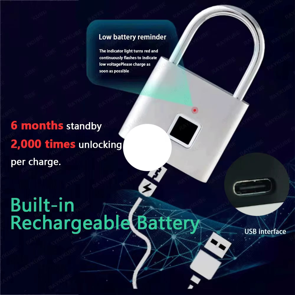 P2 Smart Fingerprint Padlock Waterproof Zinc Alloy Biometric Padlocks with Buit-In Rechargeable Battery USB Charge